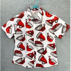 JOGAL Santa Hat Christmas Holiday Short Sleeve Button Up Shirt Mens L White